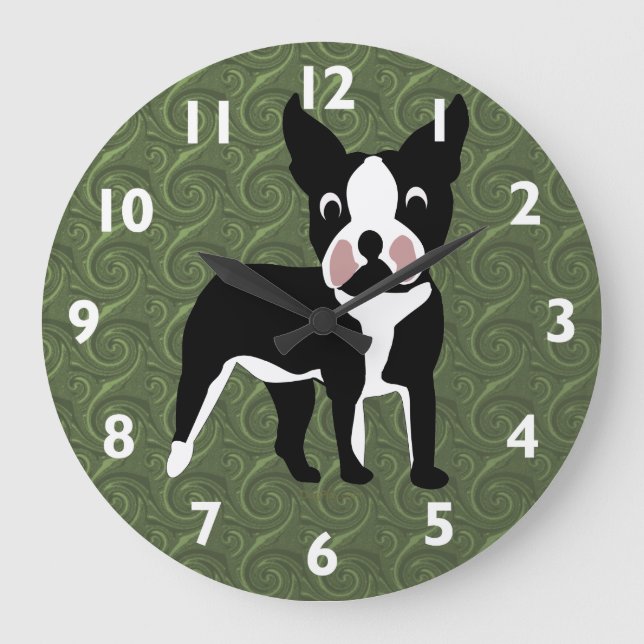 Boston Terrier Cartoon Große Wanduhr (Vorderseite)