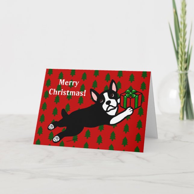 Boston Terrier Cartoon Weihnachtskarten Feiertagskarte (Vorderseite)