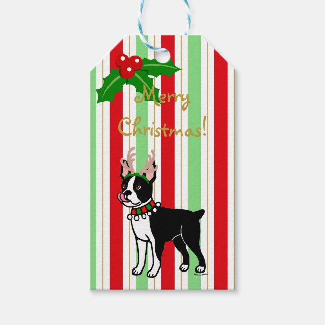 Boston Terrier Christmas Antlers Geschenkanhänger (Vorderseite)
