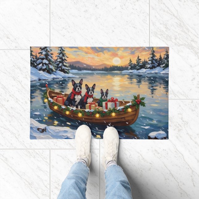 Boston Terrier Christmas Boat Holiday Fußmatte (Indoor)