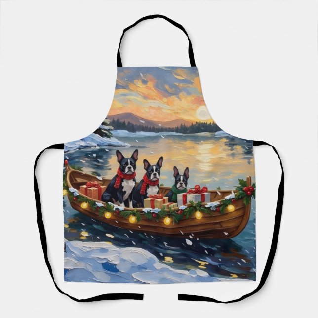 Boston Terrier Christmas Boat Holiday Schürze (Vorderseite)
