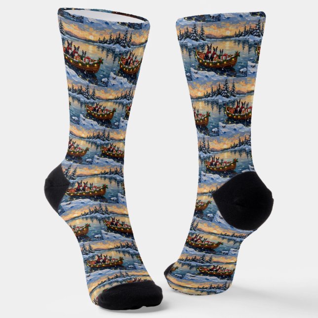 Boston Terrier Christmas Boat Holiday Socken (Gewinkelt)