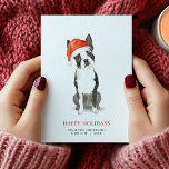 Boston Terrier Christmas Card Feiertagskarte<br><div class="desc">Niedliche Boston Terrier Weihnachtskarte wünscht glückliche Ferien personalisiert mit Ihren Namen,  Hundennamen und Jahr. Festlicher rot-weißer Pfotendruck und Knochenhintergrund.</div>