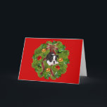 Boston Terrier Christmas Card Wreath Feiertagskarte<br><div class="desc">Familie und Freunde während der Ferienzeit zu erinnern ist eine wunderbare Möglichkeit, in Touch mit den Menschen behalten, die Sie Liebe und Pflege. Ich habe diese Hundeausweise mit Liebe und Sorgfalt erstellt, und ich bin sicher, dass jeder, der Hunde Lieben hat, sich freuen wird, sie zu erhalten. Sie haben die...</div>