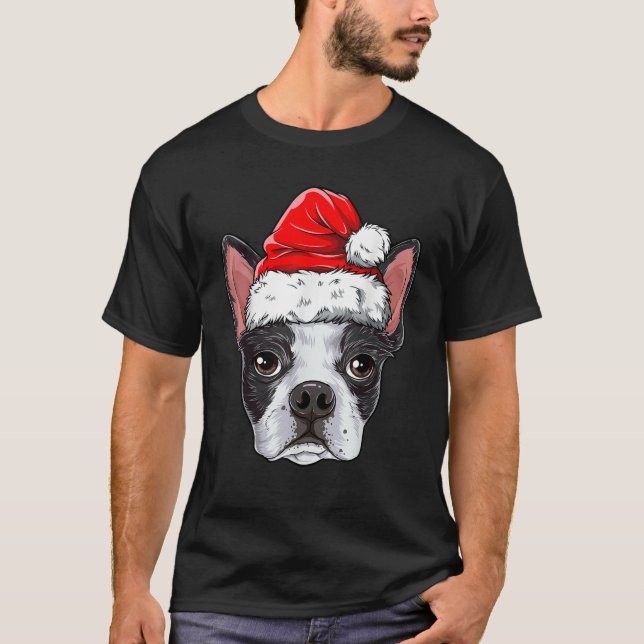 Boston Terrier Christmas Dog Weihnachtsmannmütze X T-Shirt (Vorderseite)