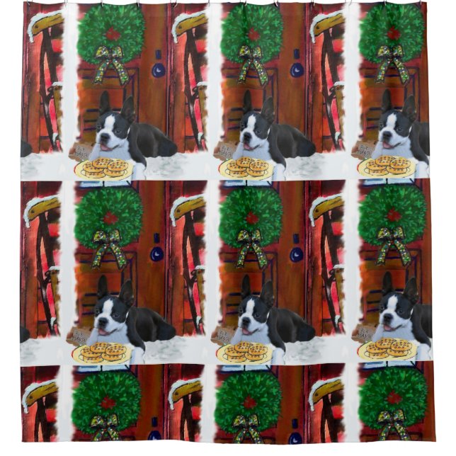 Boston Terrier Christmas Duschvorhang (Vorderseite)