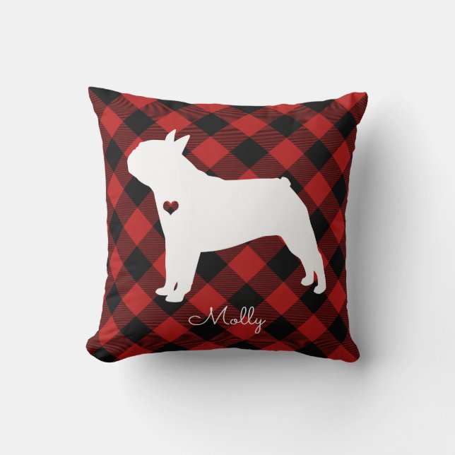 Boston Terrier Christmas Karierter Hund Name Kissen (Vorderseite)