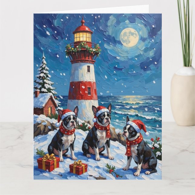Boston Terrier Christmas Lighthouse Holiday Karte (Vorderseite)