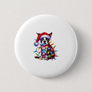 Boston Terrier Christmas Lights Weihnachtsmannmütz Button