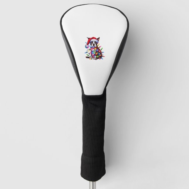 Boston Terrier Christmas Lights Weihnachtsmannmütz Golf Headcover (Vorderseite)