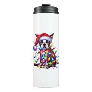 Boston Terrier Christmas Lights Weihnachtsmannmütz Thermosbecher