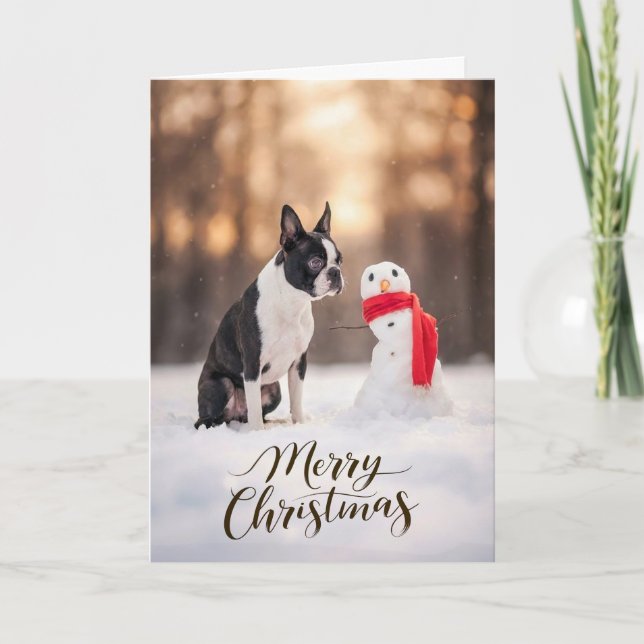 Boston Terrier Christmas Snowman Feiertagskarte (Vorderseite)