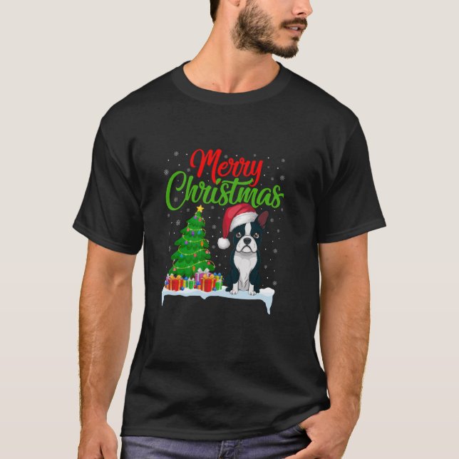 Boston Terrier Christmas Tree Lights Funny Xmas Do T-Shirt (Vorderseite)