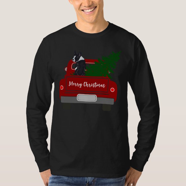 Boston Terrier Christmas Tree Red Retro Truck T-Shirt (Vorderseite)