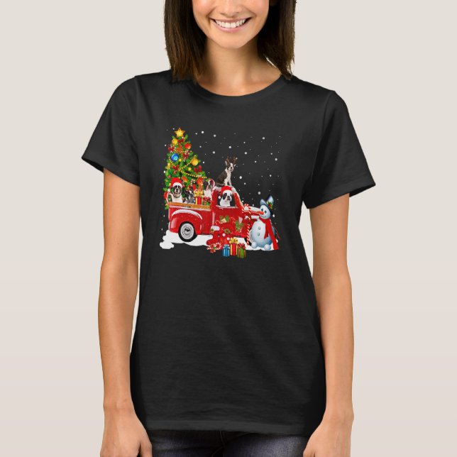 Boston Terrier Christmas Tree Red Truck T-Shirt (Vorderseite)