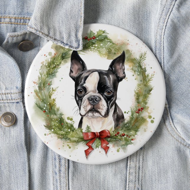 Boston Terrier Christmas Wreath Festivals Button (Beispiel)