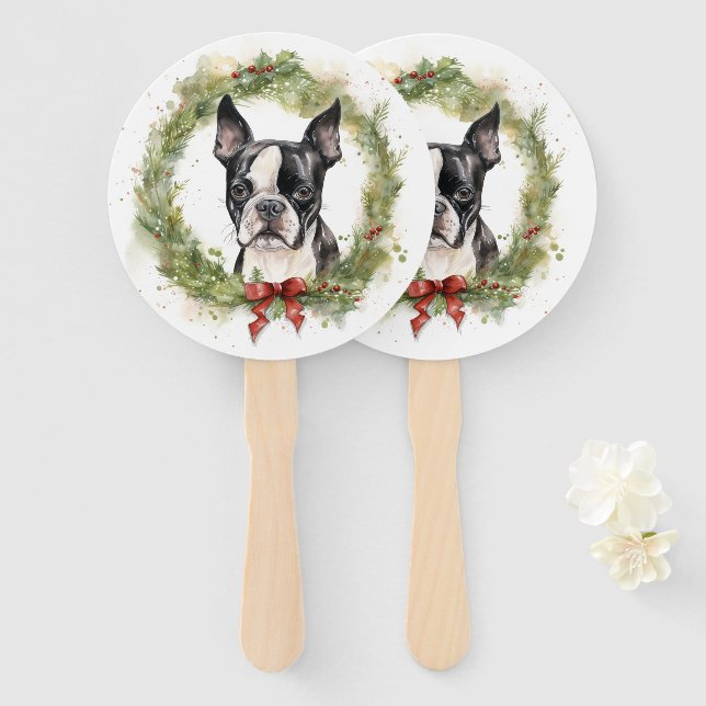 Boston Terrier Christmas Wreath Festivals Fächer (Vorne und Hinten)