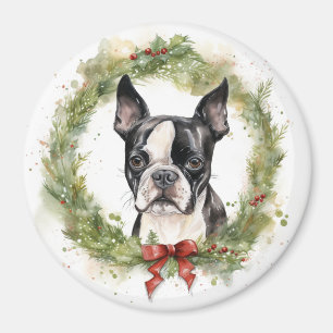 Boston Terrier Christmas Wreath Festivals Magnet