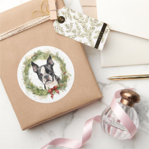 Boston Terrier Christmas Wreath Festivals Runder Aufkleber