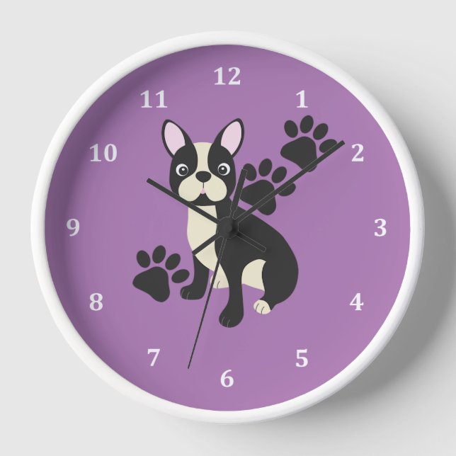 Boston Terrier Clock Design in Lila Uhr (Vorderseite)