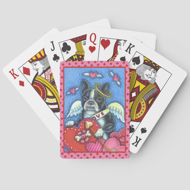 BOSTON TERRIER CUPID, HUND VALENTINE PINK POKER SPIELKARTEN (Rückseite)