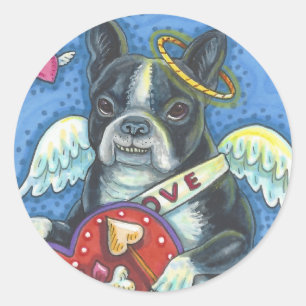 Boston Terrier, CUPID HUND VALENTINS-AUFKLEBER Bog Runder Aufkleber