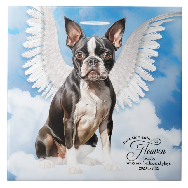 Boston Terrier Dog Angel Custom Pet Memorial Fliese (Vorderseite)