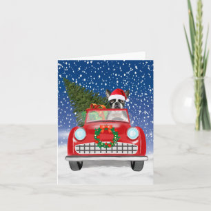 Boston Terrier Dog Autofahren Auto in Schnee Weihn Dankeskarte