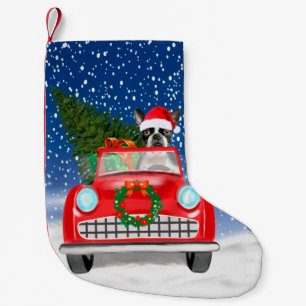 Boston Terrier Dog Autofahren Auto in Schnee Weihn Kleiner Weihnachtsstrumpf