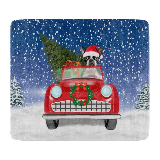 Boston Terrier Dog Autofahren Auto in Schnee Weihn Schneidebrett (Vorderseite)