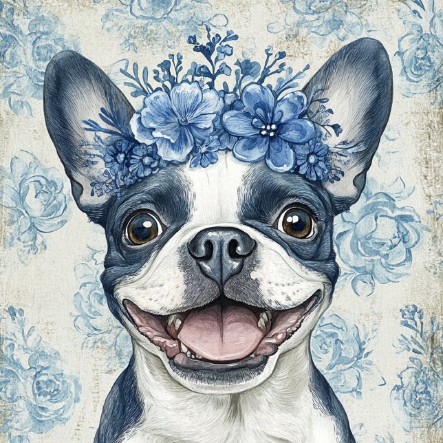 Boston Terrier Dog Blue Floral Tasche (Von Creator hochgeladen)