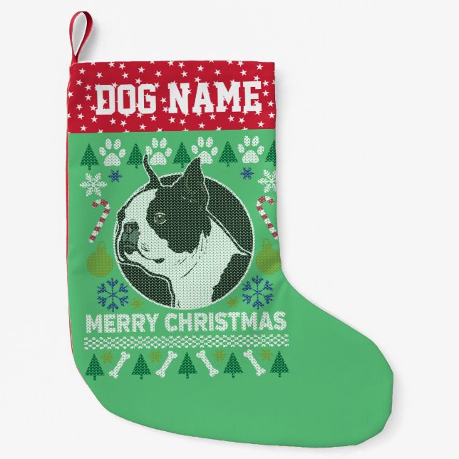 Boston Terrier Dog Breed Ugly Christmas Sweater Kleiner Weihnachtsstrumpf (Vorderseite)
