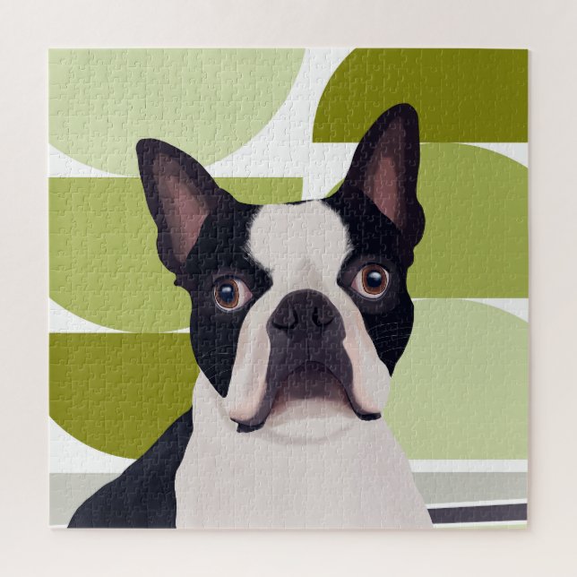 Boston Terrier Dog - Green Geometric (Vertikal)