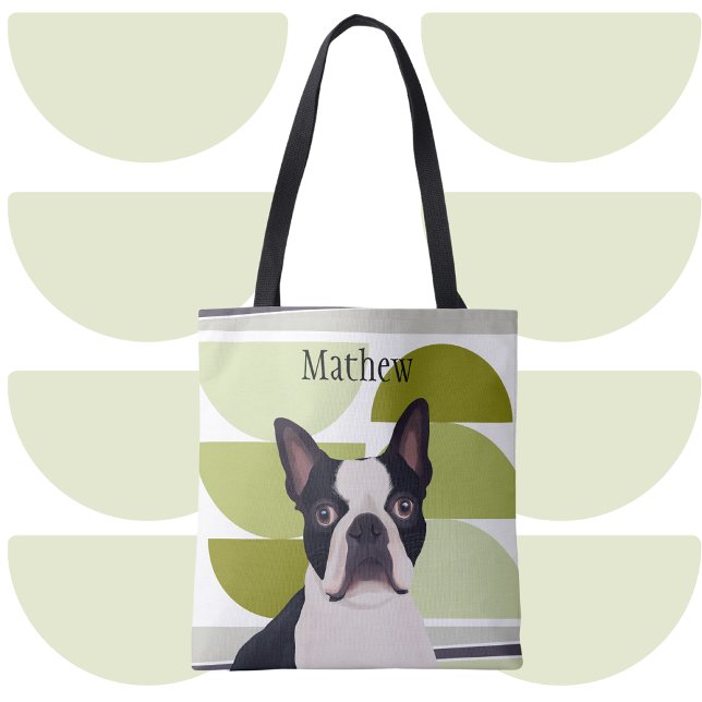 Boston Terrier Dog - Green Geometric Tasche (Von Creator hochgeladen)