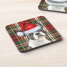 Boston Terrier Dog Green Red Holiday Kariert