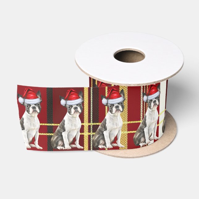 Boston Terrier Dog Holiday Kariert Funny Christmas Satinband (Spule)