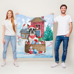 Boston Terrier Dog im Schnee Weihnachtshundehaus Fleecedecke