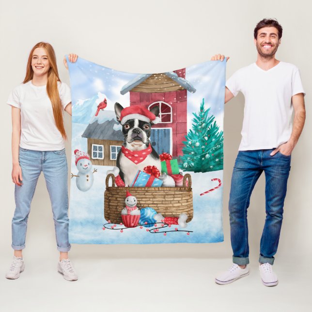 Boston Terrier Dog im Schnee Weihnachtshundehaus Fleecedecke (Beispiel)