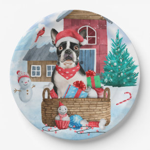Boston Terrier Dog im Schnee Weihnachtshundehaus Pappteller