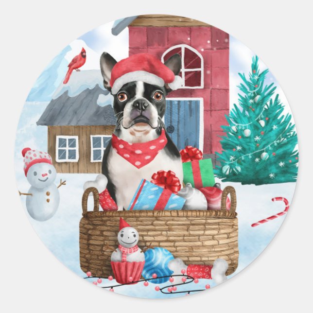 Boston Terrier Dog im Schnee Weihnachtshundehaus Runder Aufkleber (Vorderseite)