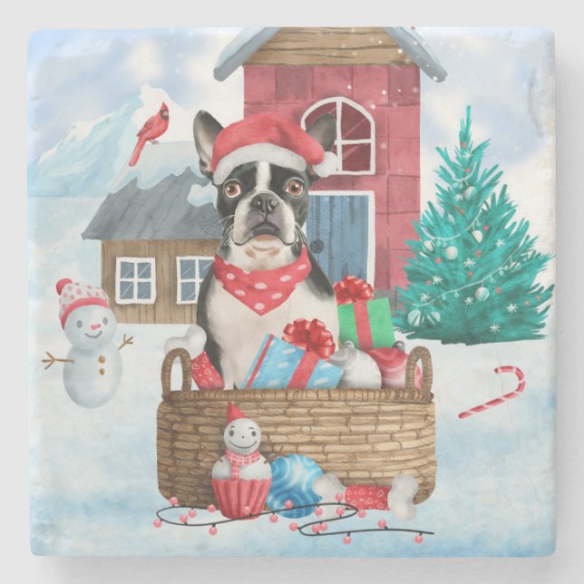 Boston Terrier Dog im Schnee Weihnachtshundehaus Steinuntersetzer (Vorderseite)