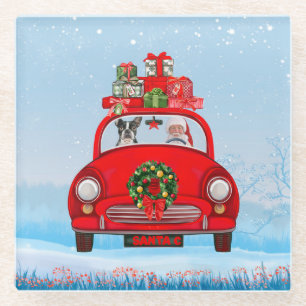 Boston Terrier Dog in Auto mit dem Weihnachtsmann Glasuntersetzer