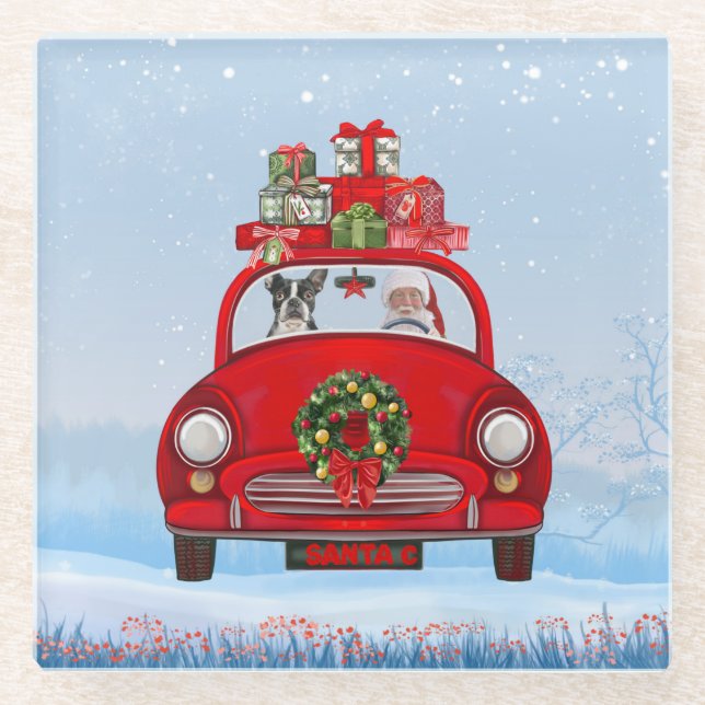 Boston Terrier Dog in Auto mit dem Weihnachtsmann Glasuntersetzer (Vorderseite)