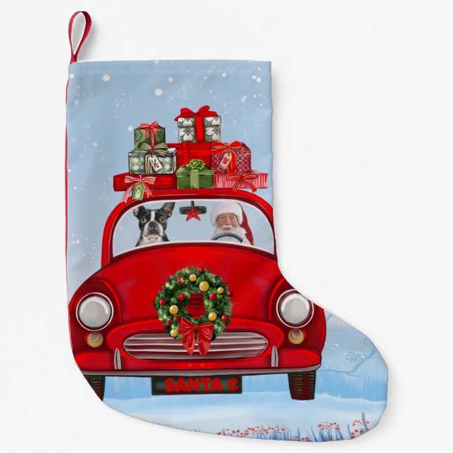 Boston Terrier Dog in Auto mit dem Weihnachtsmann Kleiner Weihnachtsstrumpf (Vorderseite)