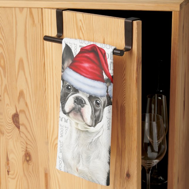 Boston Terrier Dog in einer Weihnachtsmannmütze Wo Geschirrtuch (Drittel gefaltet)