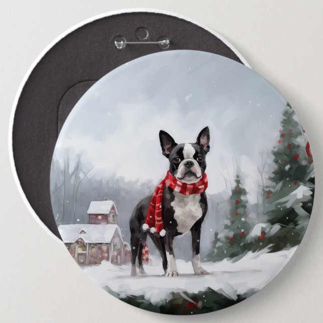 Boston Terrier Dog in Schneeweihen Button (Vorne & Hinten)