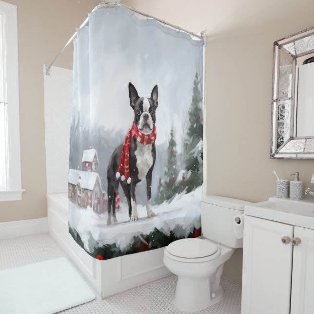 Boston Terrier Dog in Schneeweihen Duschvorhang (Beispiel)