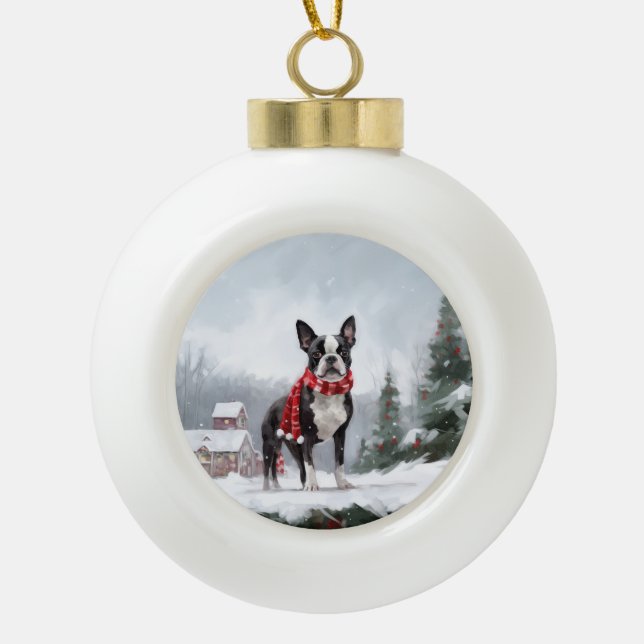 Boston Terrier Dog in Schneeweihen Keramik Kugel-Ornament (Vorderseite)