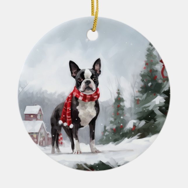 Boston Terrier Dog in Schneeweihen Keramik Ornament (Vorne)