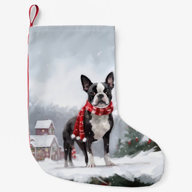 Boston Terrier Dog in Schneeweihen Kleiner Weihnachtsstrumpf (Vorderseite)